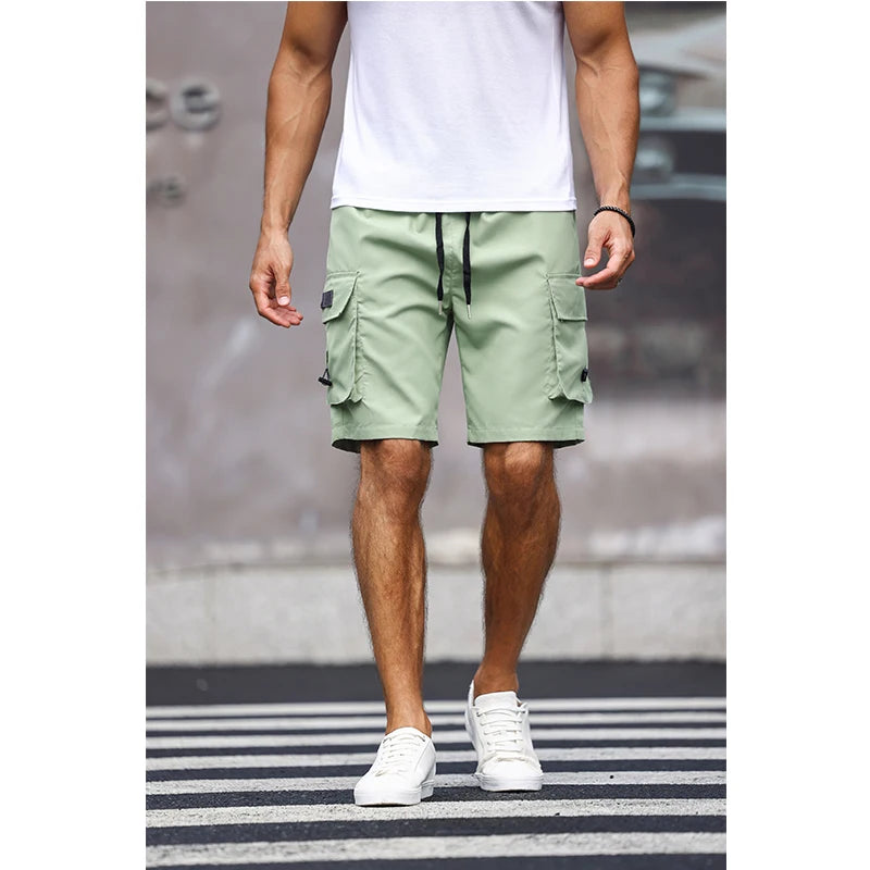 Men'S Multicolor Drawstring Cargo Shorts Solid Color Pants with Pockets Casual Summer Shorts