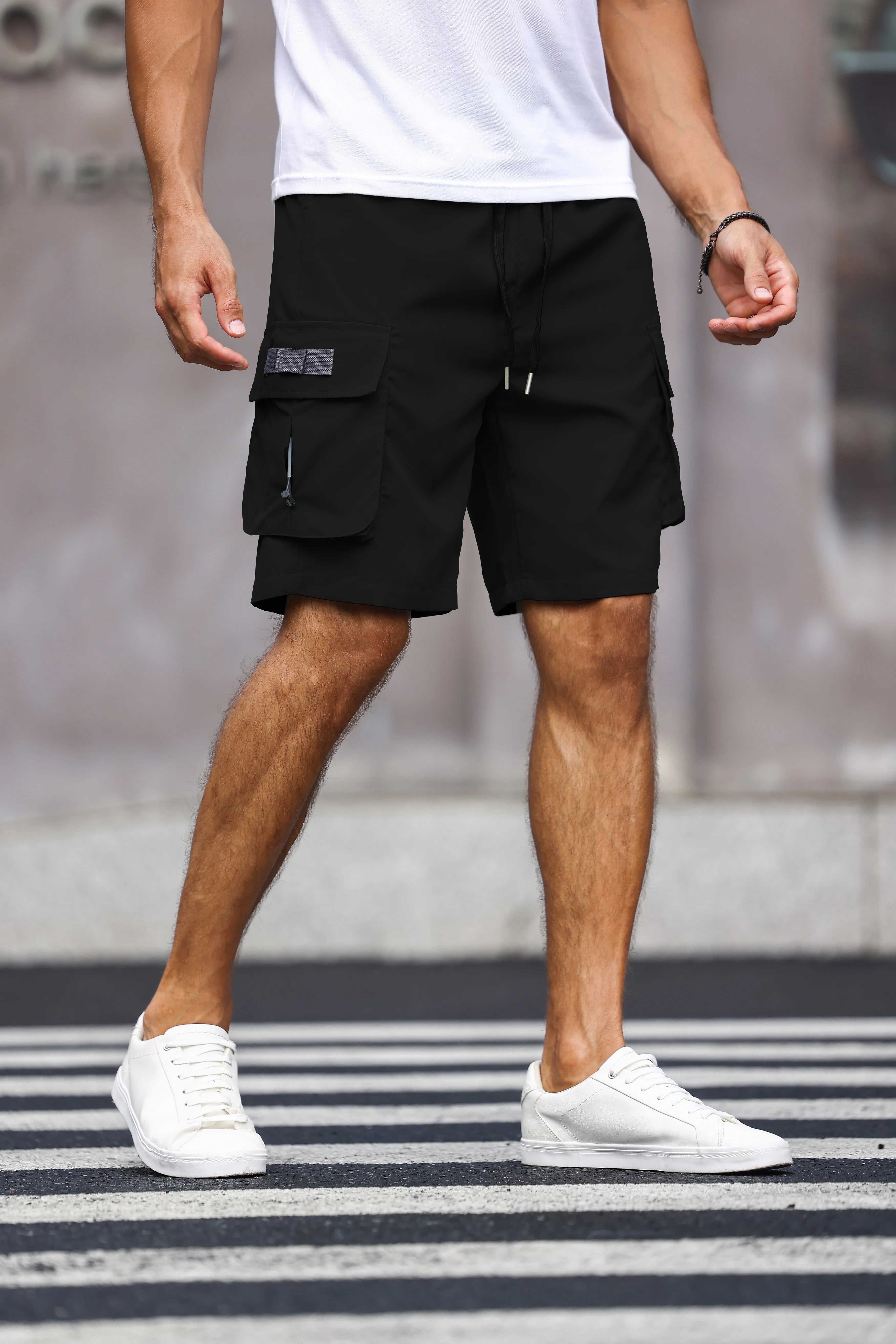 Men'S Multicolor Drawstring Cargo Shorts Solid Color Pants with Pockets Casual Summer Shorts