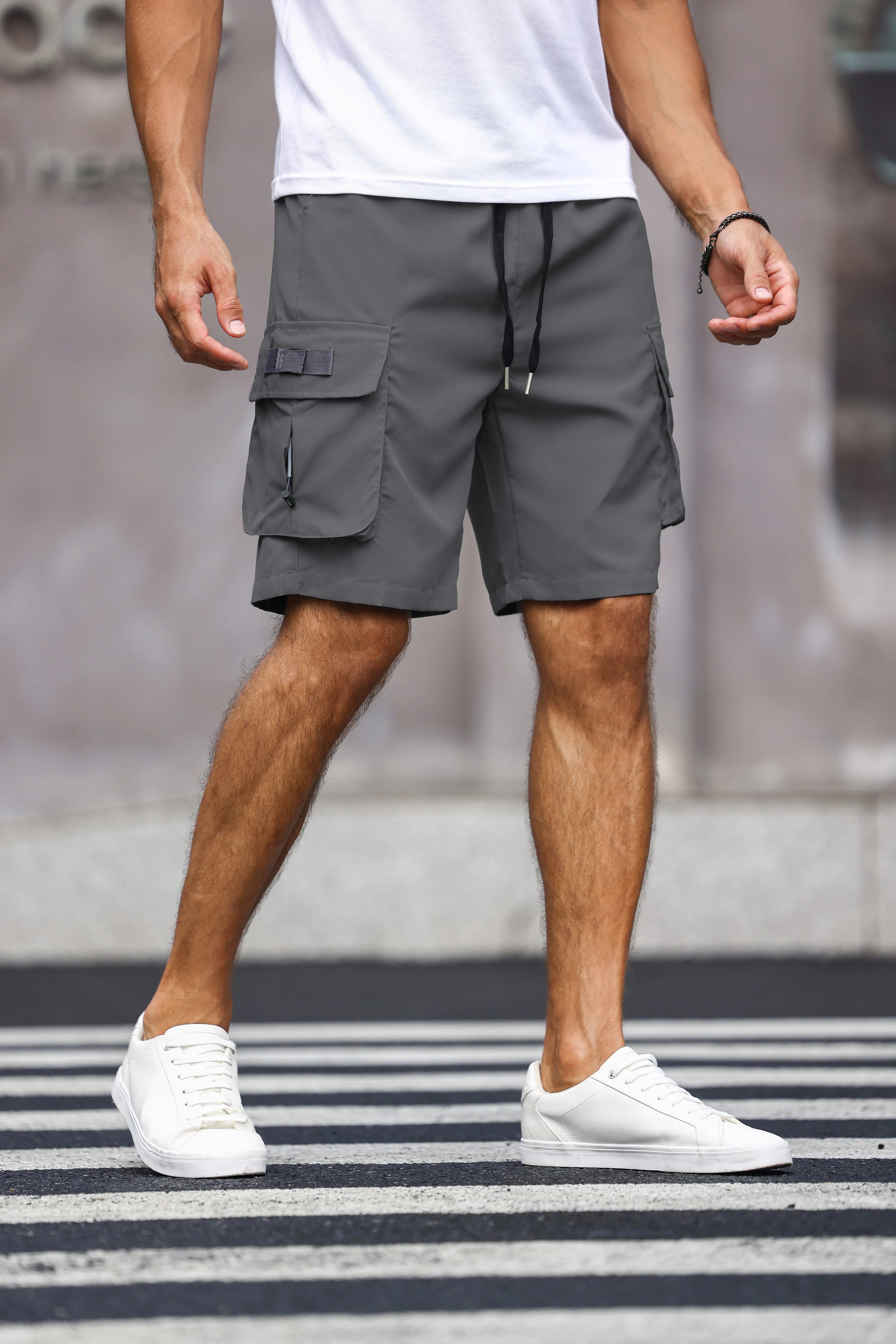 Men'S Multicolor Drawstring Cargo Shorts Solid Color Pants with Pockets Casual Summer Shorts